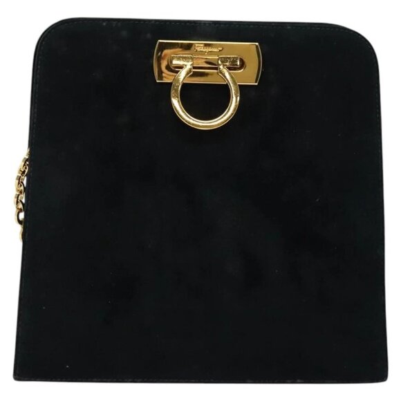 Salvatore Ferragamo Gancini Chain Shoulder Bag Suede Black Gold Auth 140965 - Picture 2 of 16